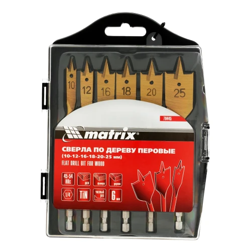 Набор сверл перовых по дереву, 10-12-16-18-20-25 мм, 6 шт, пластиковый кейс, Matrix 70445 — фото 7