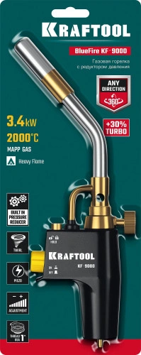 Газовая горелка Blue Fire, с пьезоподжигом на баллон турбо нагрев + 30% 2000°C, KRAFTOOL KF-9000 55510 — фото 2