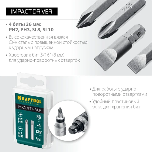 Набор бит для ударной отвертки, 36 мм, 4 шт, KRAFTOOL 25551 — фото 3