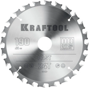 Пильный диск по дереву, 190 х 30 мм, 24Т, KRAFTOOL Fast 36950-190-30