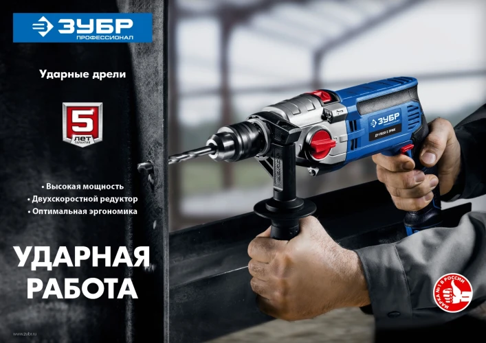 Ударная дрель, (ЭРМ), 850 Вт, 13 мм, 2 скорости, мет. корпус, ЗУБР ДУ-П850-2 ЭРМ — фото 8