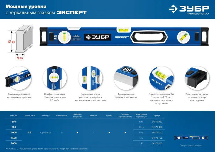 Уровень с усиленным профилем, 1000 мм, с зеркальным глазком ЗУБР 34570-100 — фото 10