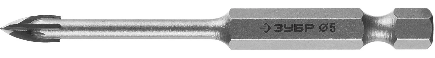 Сверло по стеклу и кафелю, 5 мм, 4х кромка, HEX 1/4, ЗУБР 29845-05_z01 — фото 1