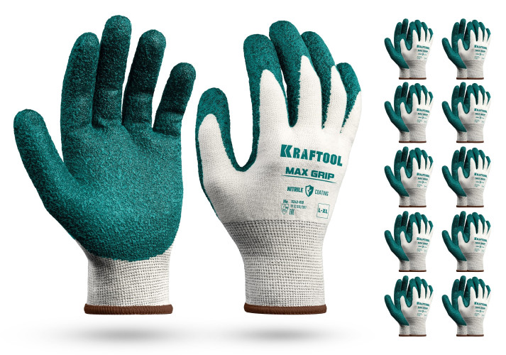KRAFTOOL MaxGrip, L-XL, х/б перчатки с текстурированным нитриловым обливом, 15 класс, 10 пар (11243-K10) — фото 1