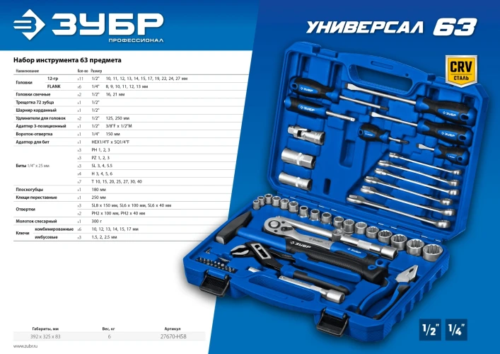 Универсальный набор инструмента, 63 предм., (1/2"+ 1/4"), ЗУБР Универсал-63 27670-H58_z01 — фото 11