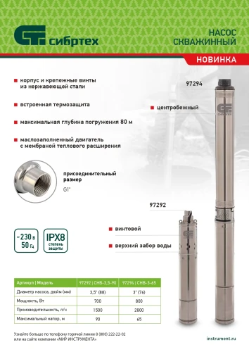 Скважинный насос СНВ-3,5-90, винтовой, диаметр 3,5", 700 Вт, 1500 л/ч, напор 90 м Сибртех 97292 — фото 10