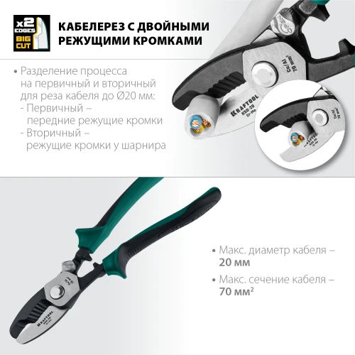 Кабелерез, d 20мм, 200мм, с двойными режущими кромками, KRAFTOOL KSD-20 23332-20 — фото 3
