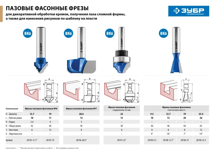 Фреза пазовая фасонная с верхним подшипником, 22 x 13 мм, радиус 3.2 мм, ЗУБР 28747-22 — фото 7