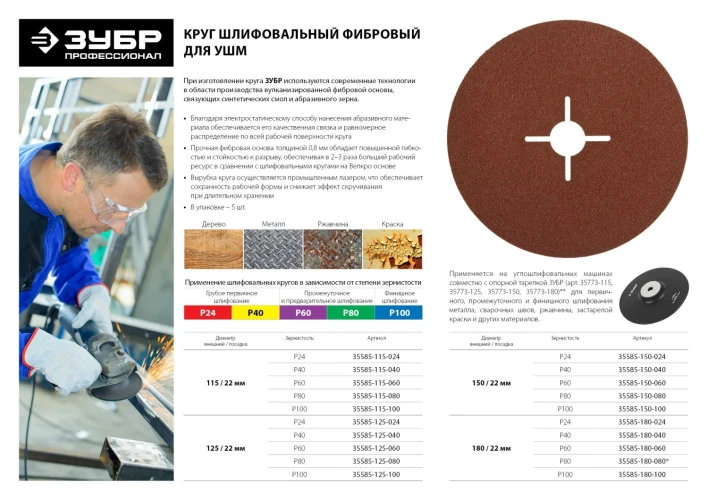 Круг шлифовальный фибровый, для УШМ, P24, 180х22мм, 5 листов ЗУБР 35585-180-024 — фото 3