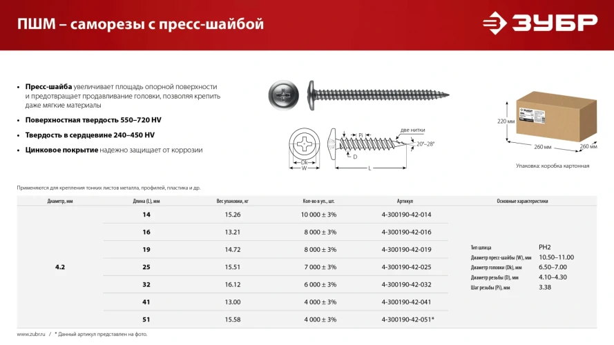Цинк, ПШМ 41 х 4.2 мм, саморез с пресс-шайбой, 13 кг (4000 шт.), ЗУБР 4-300190-42-041_z01 — фото 6