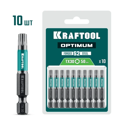 Биты, 50 мм, 10 шт, KRAFTOOL OPTIMUM TX 30 26126-30-50-10 — фото 1