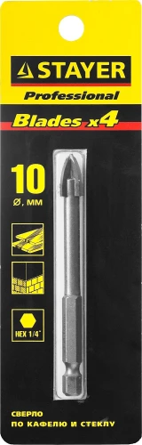 Сверло по стеклу и кафелю, 10 мм, 4х кромка, HEX 1/4, STAYER 2985-10_z01 — фото 2