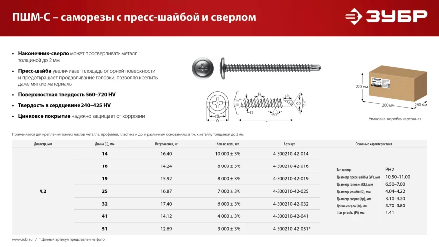 Цинк, ПШМ-С 32 х 4.2 мм, саморез с пресс-шайбой и сверлом, 17.4 кг (6000 шт.), ЗУБР 4-300210-42-032_z01 — фото 6