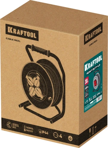 HEAVY DUTYСиловой удлинитель на стальной катушке, КГ 3х2.5 30м 4000Вт IP44, KRAFTOOL 55086-30_z01 — фото 2