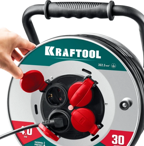 HEAVY DUTYСиловой удлинитель на стальной катушке, КГ 3х2.5 30м 4000Вт IP44, KRAFTOOL 55086-30_z01 — фото 4