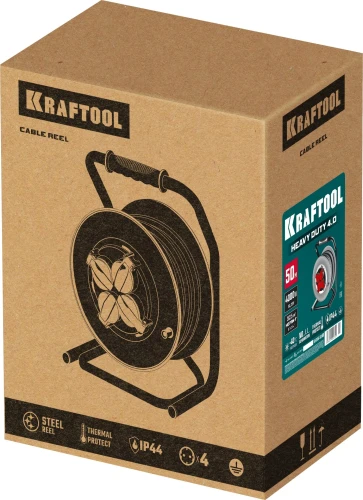 HEAVY DUTYСиловой удлинитель на стальной катушке, КГ 3х2.5 50м 4000Вт IP44, KRAFTOOL 55086-50_z01 — фото 2
