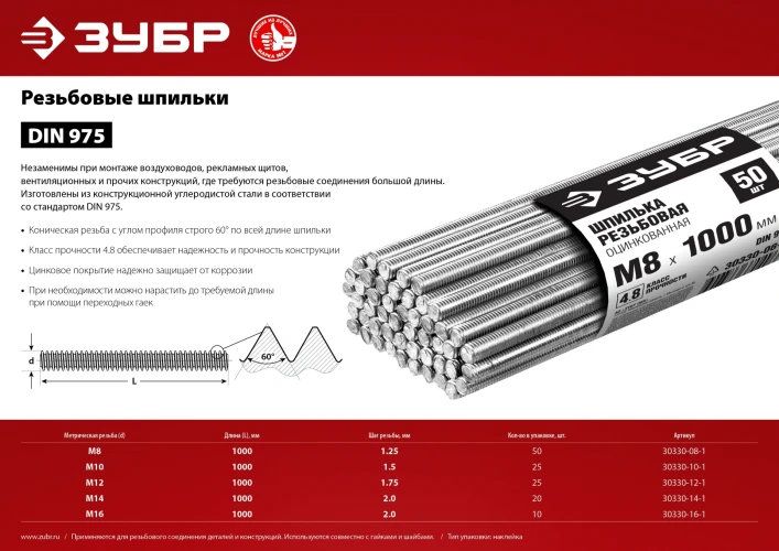 Резьбовая шпилька, кл. пр. 4.8, М12 х 1000 мм, цинк, 25 шт, ЗУБР DIN 975 30330-12-1 — фото 3