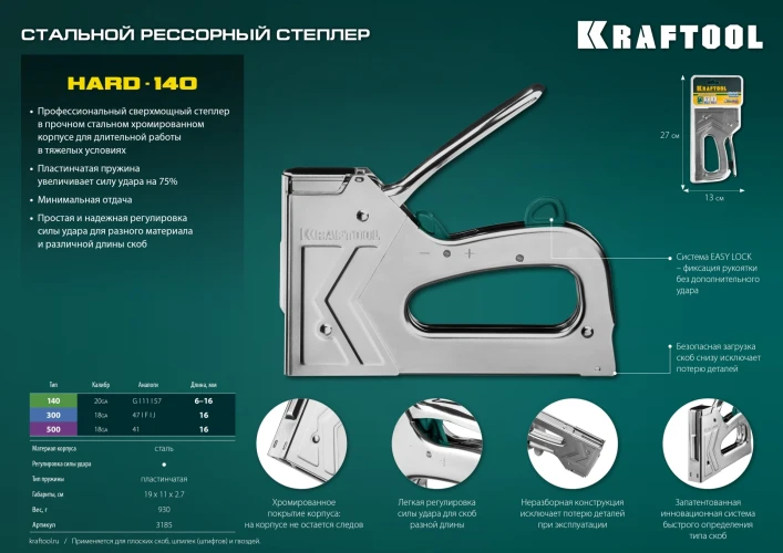 Стальной рессорный степлер, тип 140 (G/11/57) 20GA (6 - 16 мм)/300/500, KRAFTOOL EXTREM 140 3185 — фото 14