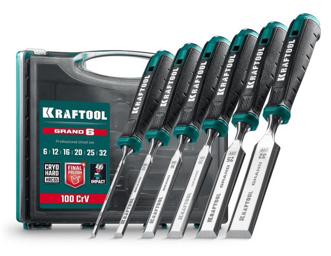 Набор стамесок-долот с двухкомпонентной рукояткой, 6 шт, KRAFTOOL GRAND-6 1818-H6