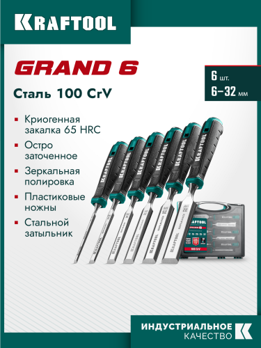 Набор стамесок-долот с двухкомпонентной рукояткой, 6 шт, KRAFTOOL GRAND-6 1818-H6