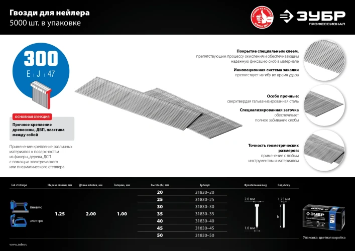 Гвозди тип 300 (47/J/F), 30 мм, калибр 18GA. 5000 шт., ЗУБР 31830-30 — фото 6