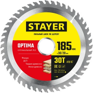 Пильный диск по дереву, 185 x 30/20 мм, 30T, оптимальный рез, STAYER Optima 3681-185-30-30_z01