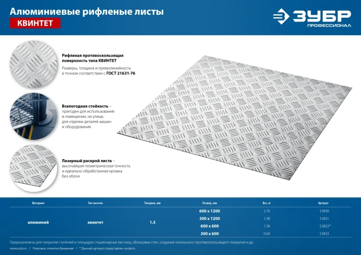Алюминиевый рифленый лист, 300 х 600 х 1.5 мм, ЗУБР Квинтет 53833 — фото 7