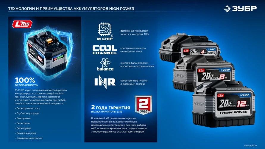 Аккумулятор LMS, 20 В, 6.0 А·ч, ЗУБР High Power BP-H-20-6 — фото 4