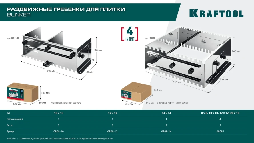Раздвижная гребенка для плитки, BUNKER зуб 14*14 мм, до 600 мм, нерж. сталь, KRAFTOOL 0808-14 — фото 8