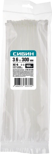 Хомуты-стяжки, 3.6 x 300 мм, нейлон РА66, 100 шт, белые, СИБИН ХС-Б 3786-36-300 — фото 2