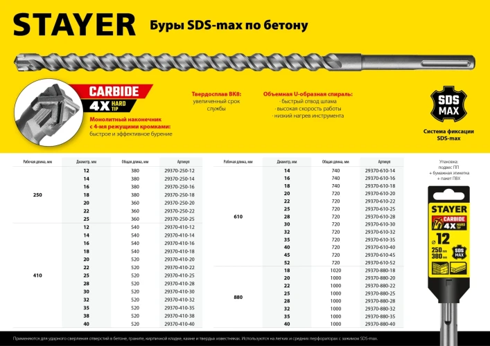 SDS-max бур, 22 x 880/1000 мм, STAYER Hercules-4Х 29370-880-22 — фото 6