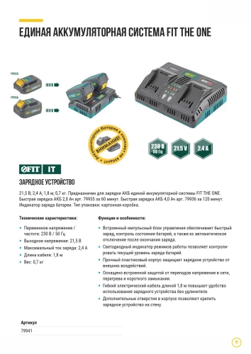Зарядное устройство двойное 21,5 В; 2,4 А; 0,7 кг; индикатор заряда; коробка FIT 79941 — фото 8