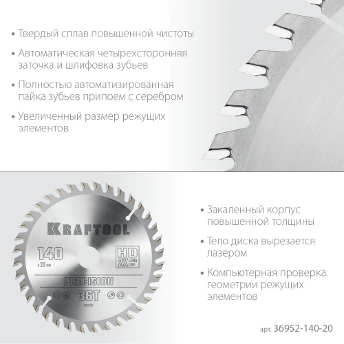 Пильный диск по дереву, 140 х 20 мм, 36Т, KRAFTOOL Precision 36952-140-20 — фото 4