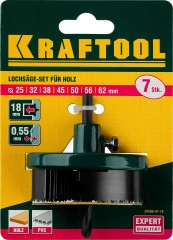 Наборная кольцевая пила по дереву, 7 шт, (25-32-38-45-50-56-62 х 18 мм), KRAFTOOL 29580-H7-18