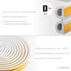 Самоклеящийся резиновый уплотнитель, 6 м, D-профиль, размер 9 х 8 мм, белый, ЗУБР 40920-006_z01
