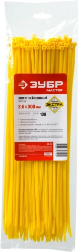 Кабельные стяжки, 3.6 x 300 мм, нейлон РА66, 100 шт, желтые, ЗУБР КС-Ж1 309050-36-300 — фото 2
