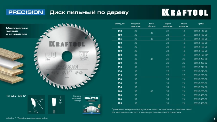 Пильный диск по дереву, 210 х 30 мм, 48Т, KRAFTOOL Precision 36952-210-30 — фото 7