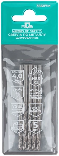 Сверла по металлу HSS шлифованные, угол заточки 135°, 4,0 x 75 мм (5 шт.) MOS 35687М — фото 3
