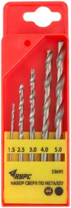 Набор сверл HSS по металлу полированных, 5 шт. (1,5-2,5-3-4-5 мм) КУРС 33695