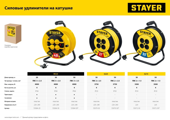 Силовой удлинитель на катушке, ПВС, 3 х 2.5 мм2, 20 м, 4000 Вт, IP44, STAYER М-325 55064-20 — фото 7