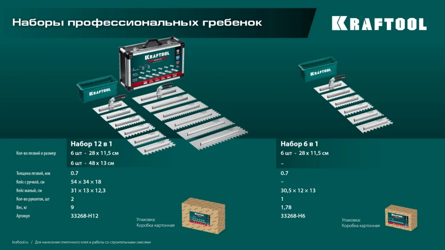В пластиковом кейсе, 280х115 мм (6шт) - 480х130 мм (6шт), набор нержавеющих гребенок со сменной 2к ручкой, KRAFTOOL 33268-H12 — фото 13