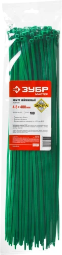 Кабельные стяжки, 4.8 x 400 мм, нейлон РА66, 100 шт, зеленые, ЗУБР КС-З1 309060-48-400 — фото 2