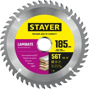 Пильный диск по ламинату, 185 x 30/20 мм, 56Т, аккуратный рез, STAYER Laminate 3684-185-30-56_z01