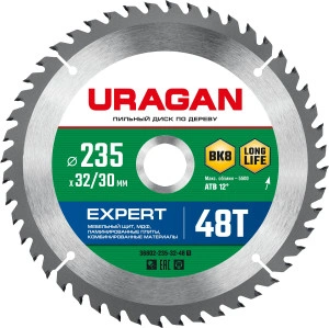 Пильный диск по дереву, 235 х 32/30 мм, 48Т, URAGAN Expert 36802-235-32-48_z01