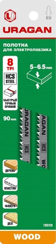 Полотна для лобзика, T-хвост., по дереву, HCS, шаг 4 мм, 100 мм, 2 шт, URAGAN T301CD 159473-4_z02 — фото 2