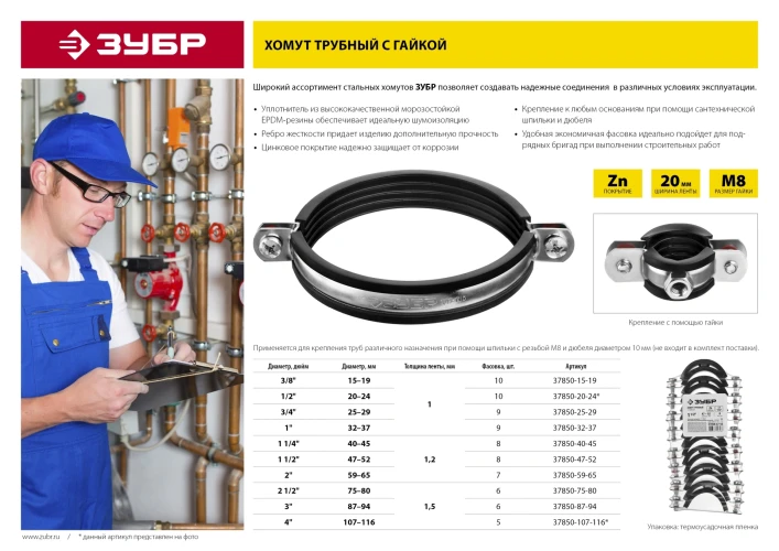 Трубный хомут с гайкой, 2 1/2", цинк, 6 шт, ЗУБР 37850-75-80 — фото 5