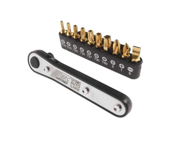 Набор бит 1/4" SL6, PH1-2, TORX, Т10Н-Т40Н с ключом трещоткой 11 предметов JTC-U11MC — фото 1