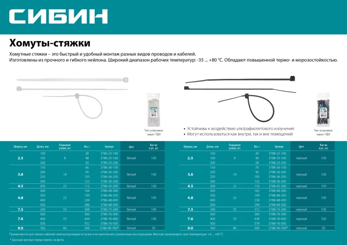 Хомуты-стяжки, 7.6 x 400 мм, нейлон РА66, 100 шт, черные, СИБИН ХС-Ч 3788-76-400 — фото 3