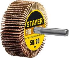 Круг шлифовальный лепестковый, d 50 x 20 мм, P80, на шпильке d 6 мм, STAYER 36607-080