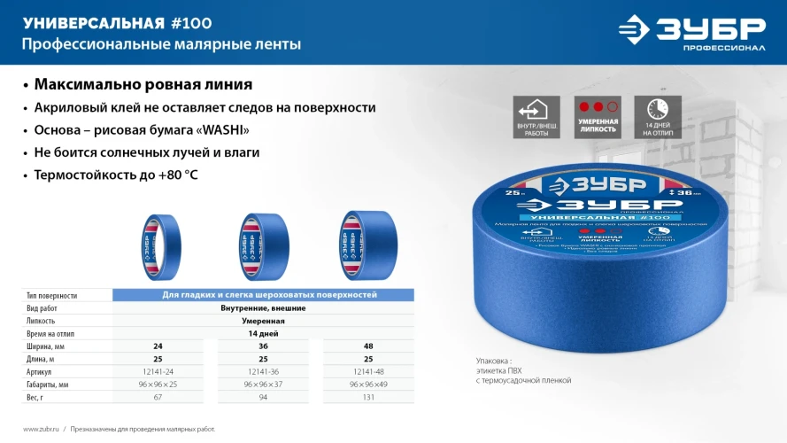 Малярная лента, №100 48 мм х 25 м, для гладких и слегка шероховатых поверхностей, ЗУБР 12141-48 — фото 6